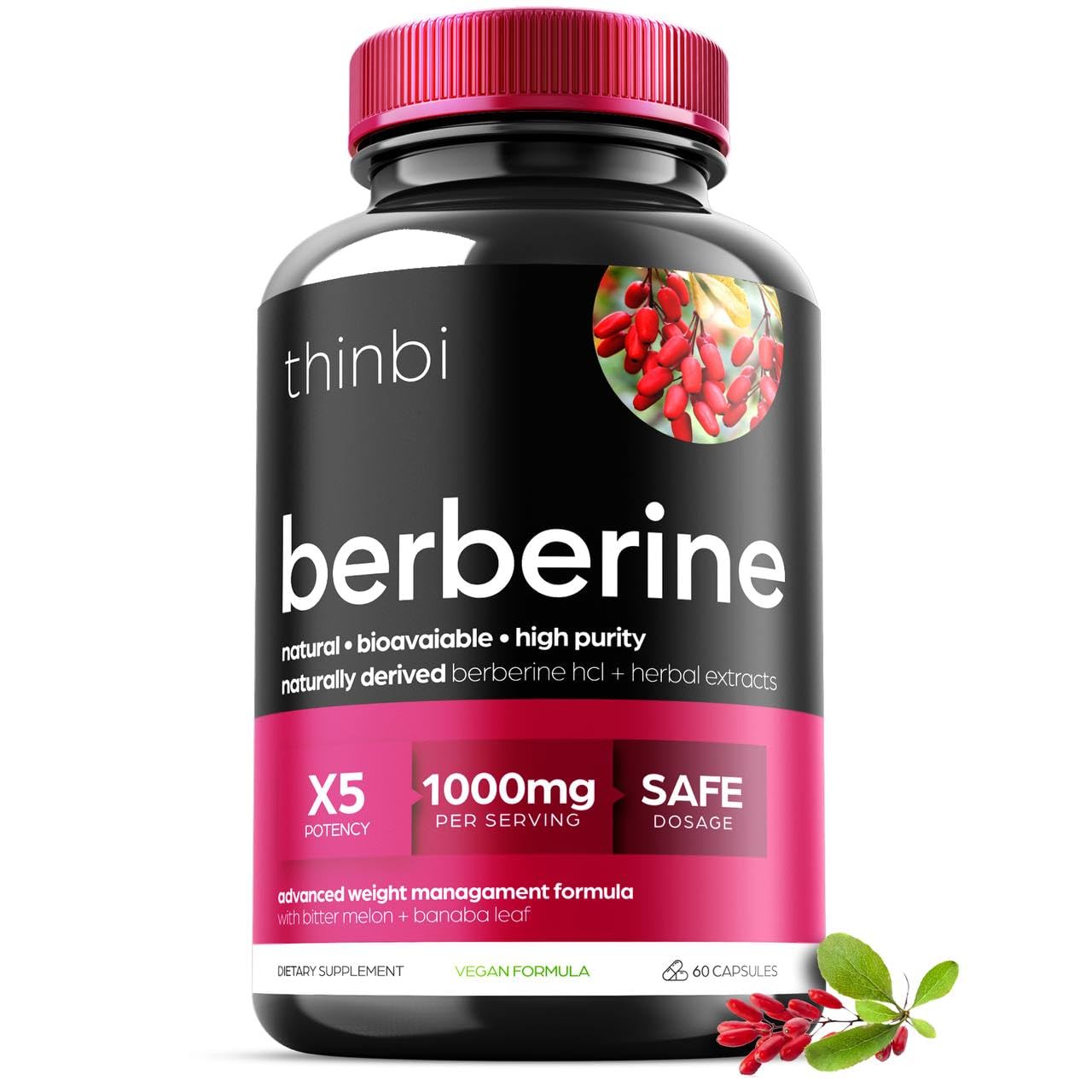 Berberine Supplement 1000mg Potent Botanical Capsules for Weight Management with Bitter Melon and Banaba Leaf - HCl from Barberry Extract- 30 Servings