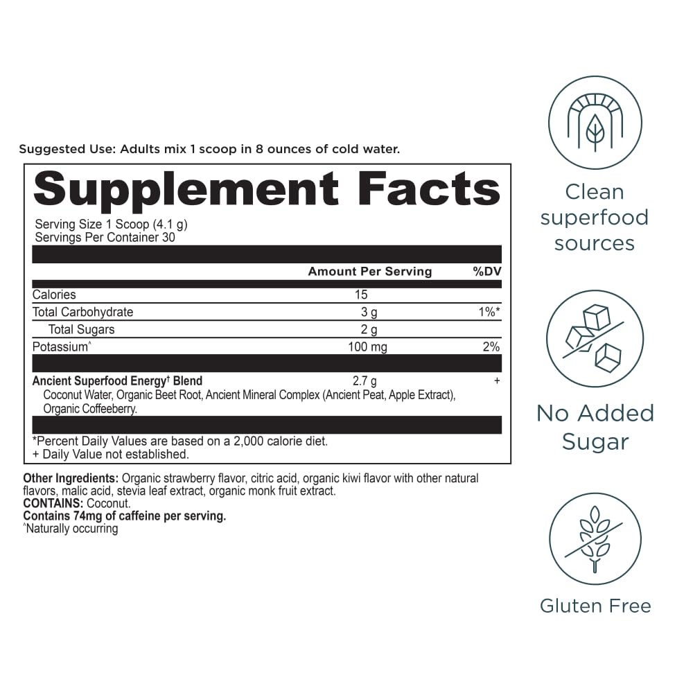 Ancient Nutrition Clean Energy Powder, Strawberry Kiwi, Supports Healthy Energy and Cognitive Health, Promotes Mental Alertness and Focus, 30 Servings