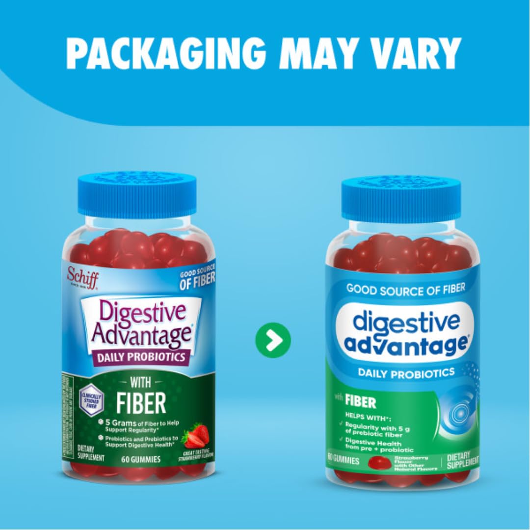 Digestive Advantage Prebiotic Fiber Supplement Strawberry Flavor Gummies with Probiotics for Women & Men Digestive Health, Adults Regularity and Gut Health, 60 Count (3 Pack)