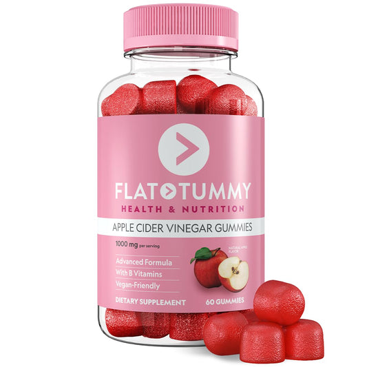 Flat Tummy Apple Cider Vinegar Gummies, 60 Count - ACV Gummies, Detox, Support Gut Health - Vegan-Friendly, Non-GMO - Beet and Pomegranate Superfood Powders, Vitamins B6, B9 & B12