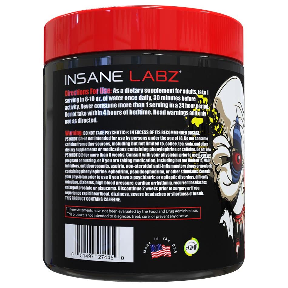 Insane Labz Psychotic, High Stimulant Pre Workout Powder, Extreme Lasting Energy, Focus and Endurance with Beta Alanine, Creatine Monohydrate, DMAE, 60 Srvgs, Fruit Punch