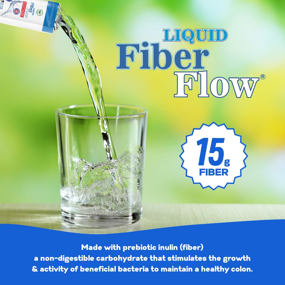 Nutritional Designs Liquid Fiber Flow Sugar-Free Prebiotic Inulin Fiber Supplement, All Natural Bowel Regularity Drink for Healthy Intestinal Balance, 100 Packets