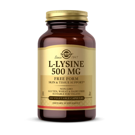 SOLGAR L-Lysine 500 mg - 100 Vegetable Capsules - Skin & Tissue Support - Non-GMO, Vegan, Kosher, Gluten Free - 100 Servings