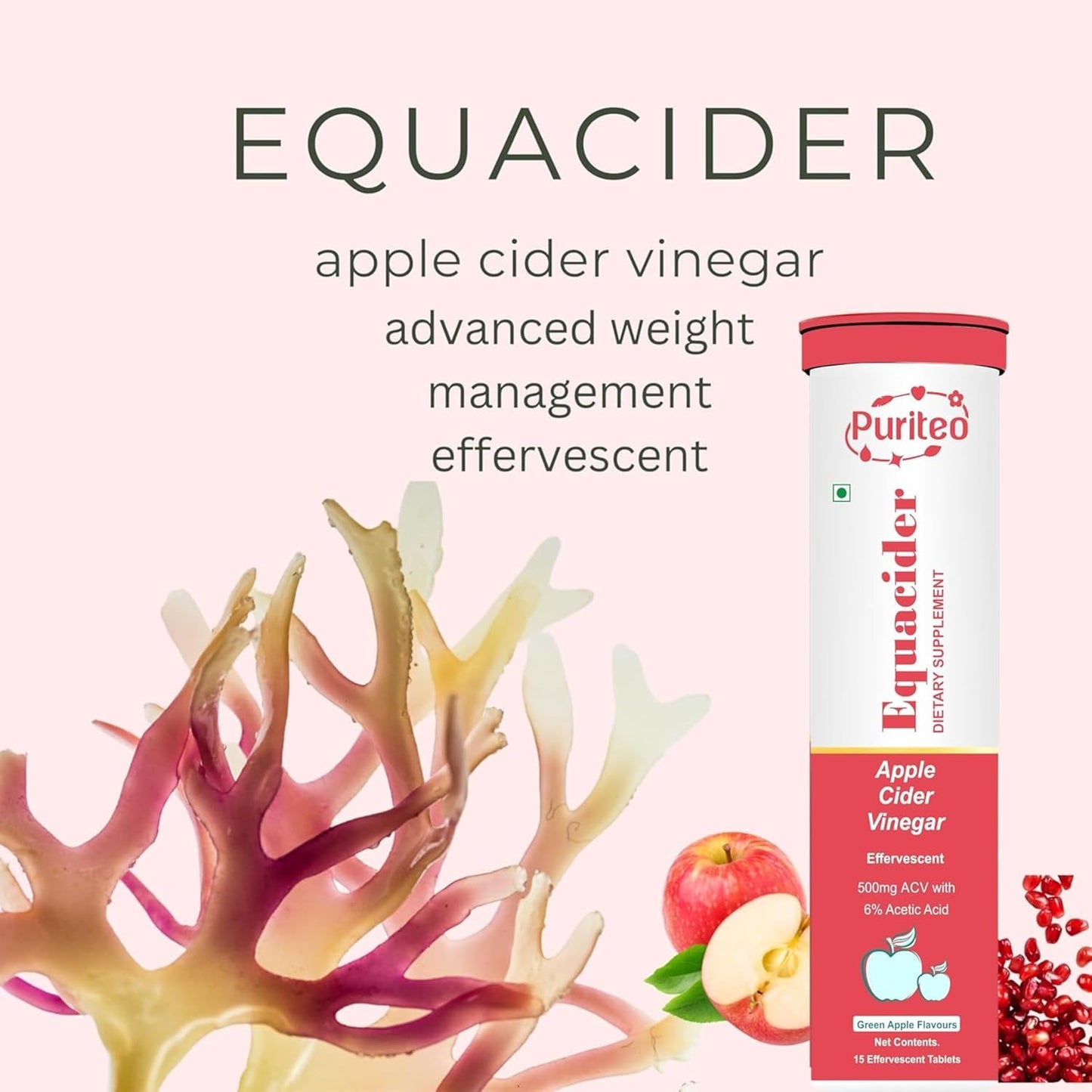 PURITEO-EQUACIDER Apple Cider Vinegar Effervescent Tablets with The Mother, Vegan, No Added Sugar, Non-GMO & Gluten-Free Tablet - (60 Tablets, Pack of 4)