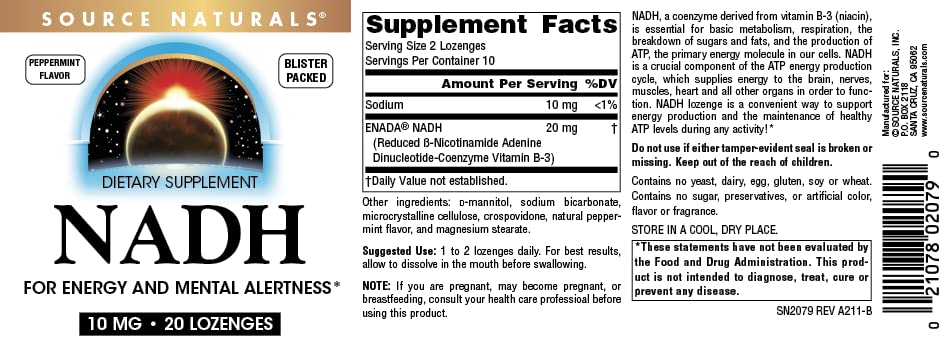 Source Naturals NADH 10mg, Boost Energy and Mental Alertness - 20 Lozenges