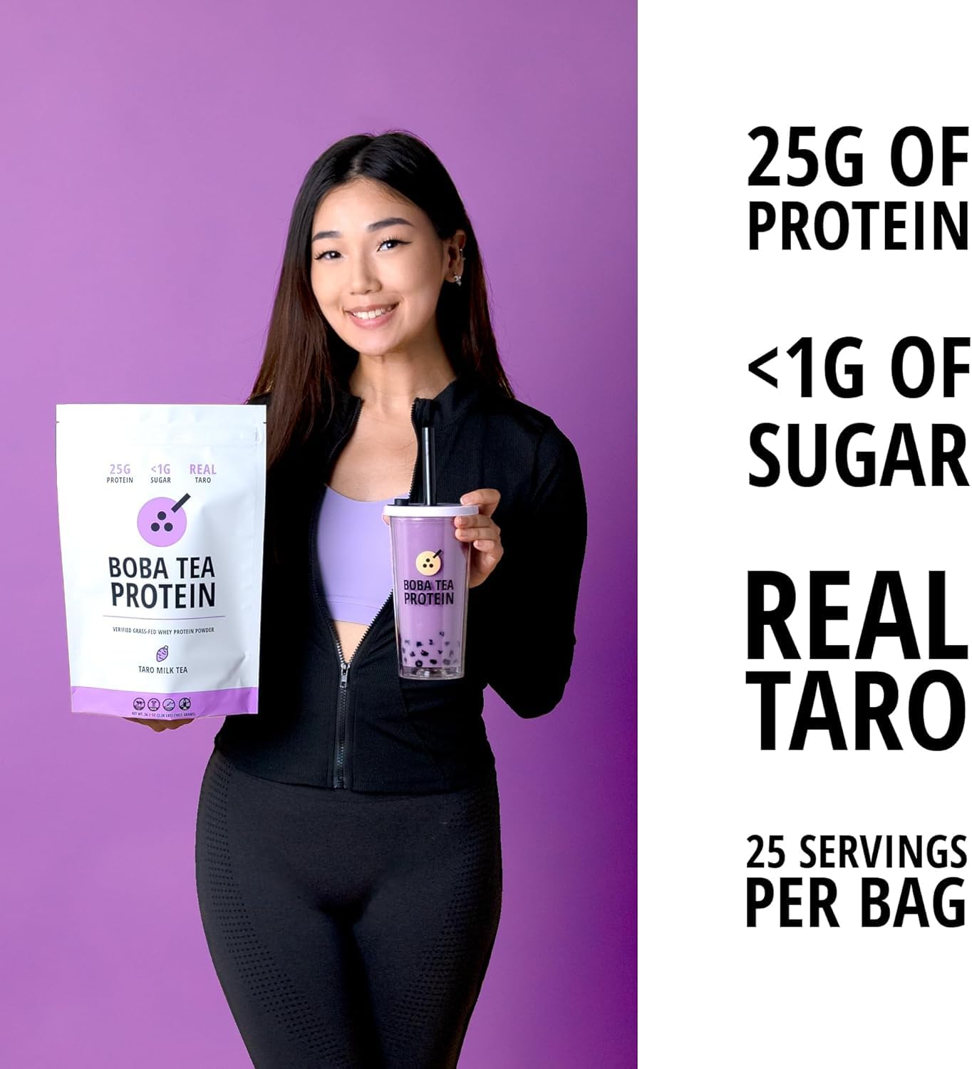Boba Tea Protein Taro Milk | 25g Grass-Fed Whey Protein Isolate Powder | Gluten-Free & Soy-Free Bubble Tea Drink | Real Ingredients & Lactose-Free Protein Drink | 25 Servings