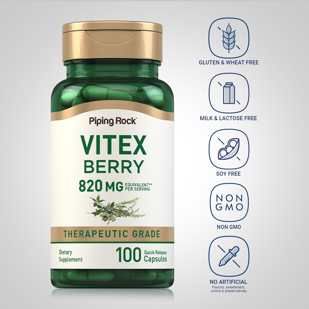 Piping Rock Vitex Chasteberry 820mg | 100 Capsules | Supplement for Women | Fruit Extract | Non-GMO, Gluten Free