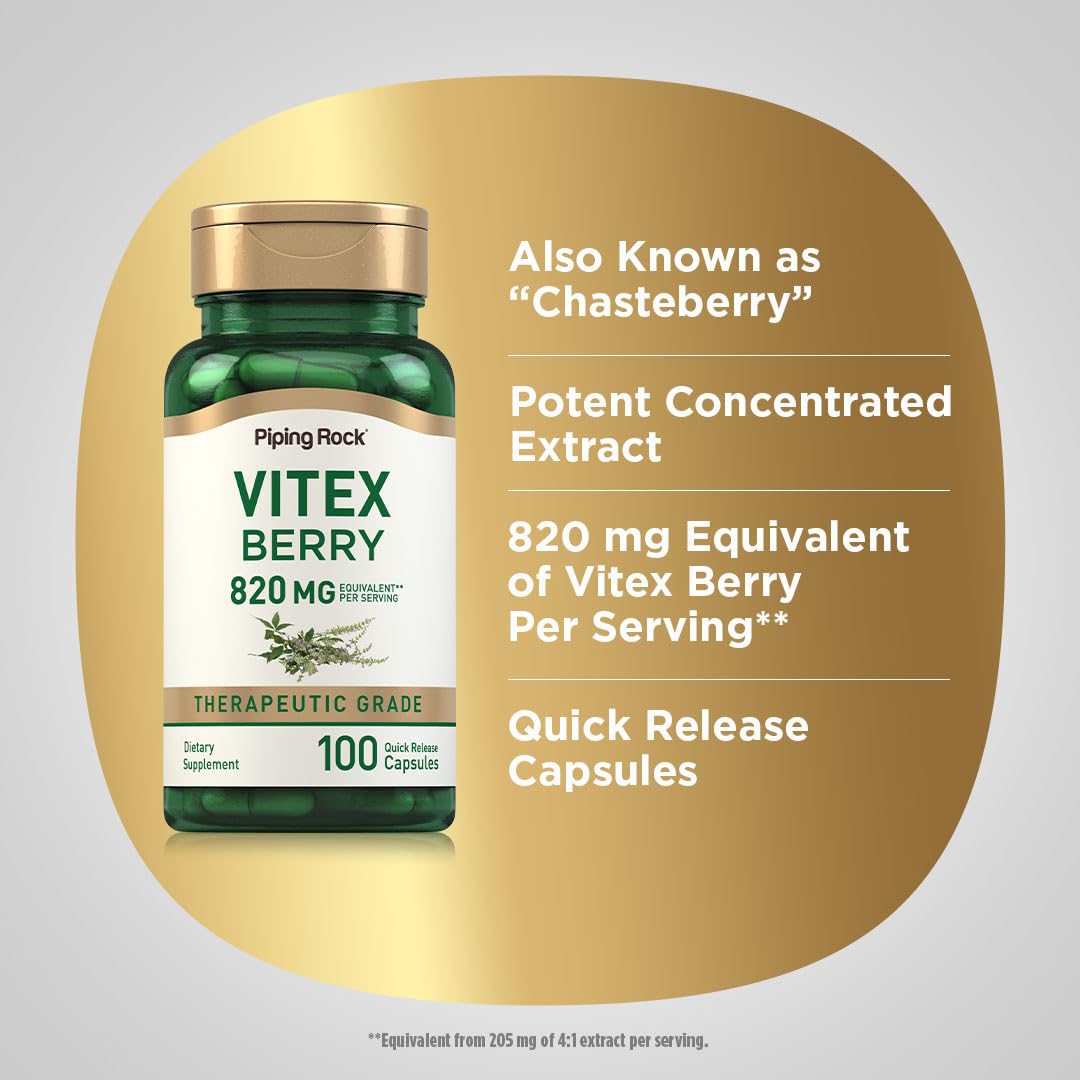Piping Rock Vitex Chasteberry 820mg | 100 Capsules | Supplement for Women | Fruit Extract | Non-GMO, Gluten Free