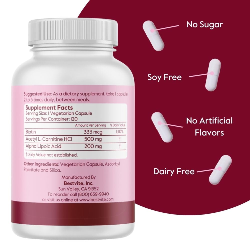 BESTVITE Acetyl L-Carnitine 500mg & Alpha Lipoic Acid 200mg per Capsule with Biotin (120 Vegetarian Capsules) - No Stearates - Vegan - Non GMO - Gluten Free