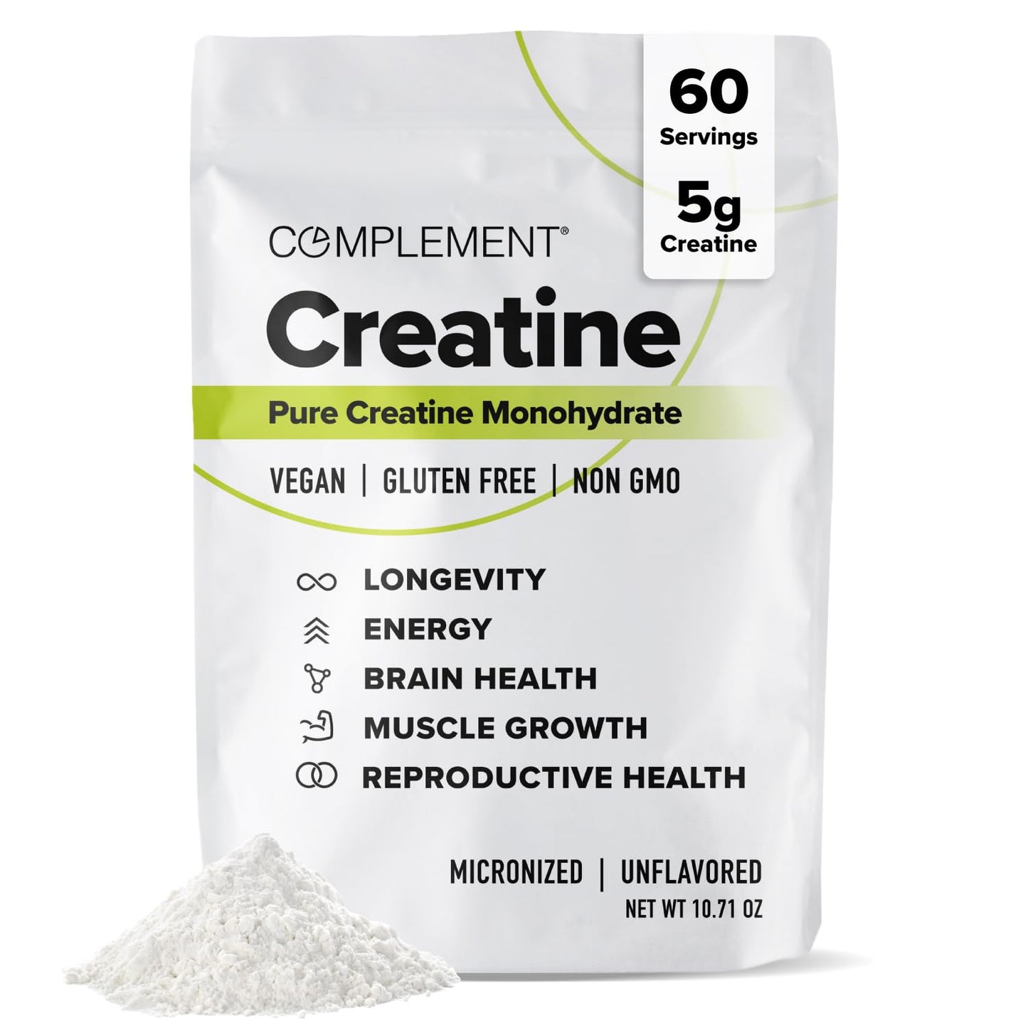 Complement Creatine Monohydrate Micronized Powder for Women and Men (5g, 60 Servings) Pre Workout, Post Workout, Muscle Recovery, Brain Health, Longevity- Vegan, Unflavored