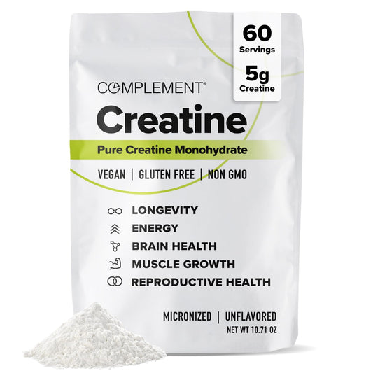 Complement Creatine Monohydrate Micronized Powder for Women and Men (5g, 60 Servings) Pre Workout, Post Workout, Muscle Recovery, Brain Health, Longevity- Vegan, Unflavored