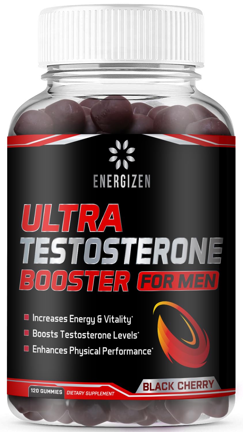 Energizen 8in1 Testosterone Booster for Men with Tongkat Ali, Fenugreek, Ashwagandha and Magnesium - Improve Libido & Hormonal Balance, Non GMO Made in the USA, Black Cherry, 120 Count Gummies for Men