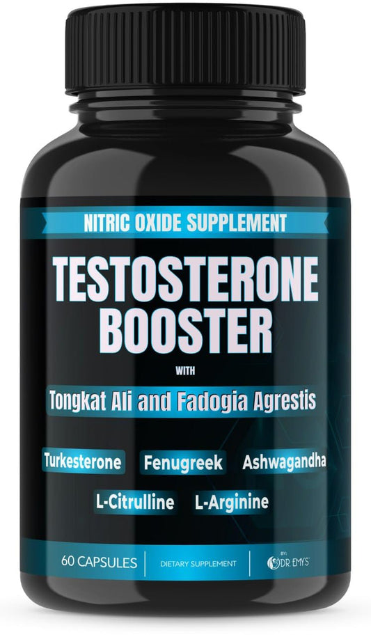 Dr. Emy's (1 Pack Testosterone Booster-Tongkat Ali Fadogia Agrestis Nitric Oxide Ashwagandha Supplement for Men with L Arginine Citrulline Fenugreek - Turkesterone Pre Workout Pump (60 Capsules)