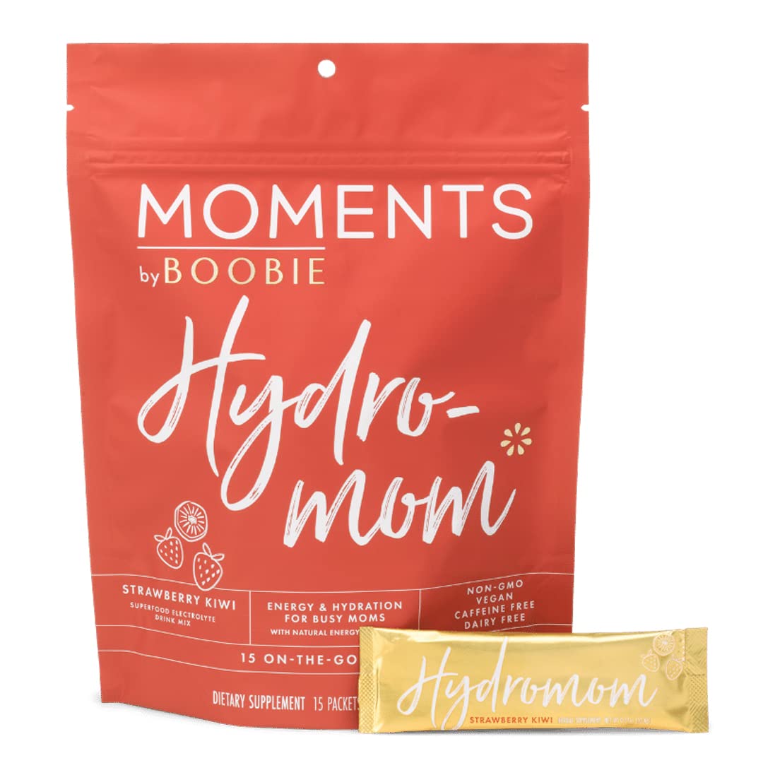 Boobie Hydromom Superfood Electrolyte Drink Mix, Strawberry Kiwi | Refreshing Energy & Hydration Boost for Mamas | On-The-Go & Travel Essentials for Pregnancy, Lactation, & Beyond, 15 Packets