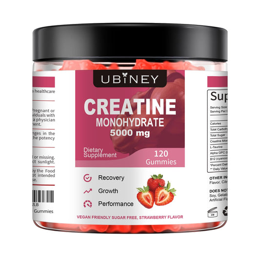 Creatine Monohydrate Gummies 5000mg - Sugar-Free, Vegan, Gluten-Free - Enhanced with Vitamin B12 & L-Taurine for Muscle Growth, Recovery & Strength - Delicious Strawberry Flavor, 120 Count