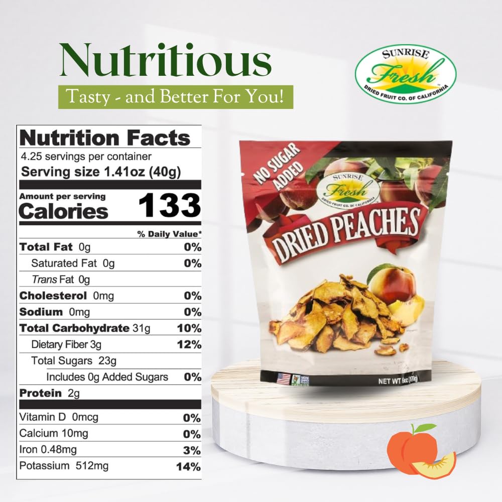 Sunrise Fresh Dried Fruit  Dried California Peaches  AllNatural Dehydrated Unsweetened No Added Sugar Resealable Snack 6oz Bag