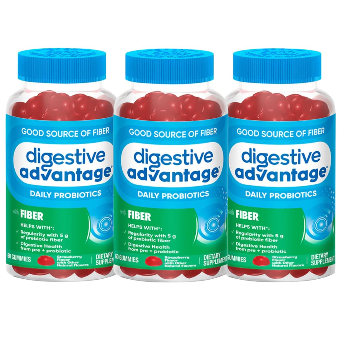 Digestive Advantage Prebiotic Fiber Supplement Strawberry Flavor Gummies with Probiotics for Women & Men Digestive Health, Adults Regularity and Gut Health, 60 Count (3 Pack)