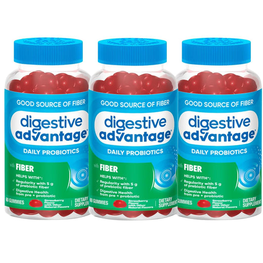Digestive Advantage Prebiotic Fiber Supplement Strawberry Flavor Gummies with Probiotics for Women & Men Digestive Health, Adults Regularity and Gut Health, 60 Count (3 Pack)