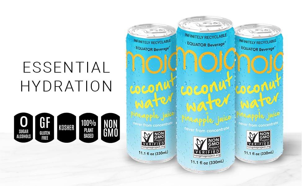MOJO Coconut Water  Pineapple Juice  Hydration Drink  Sports Drink  Electrolytes Beverage 1043 mg  Vitamin B  C  Hydration Drink for Skin  Body  111 Oz Pack Of 12