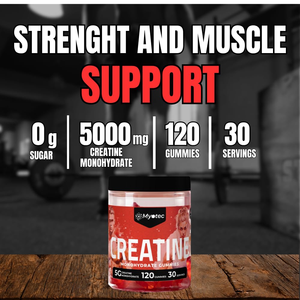 MYOTEC Creatine Monohydrate Gummies for Men & Women-5g of Creatine Monohydrate per Serving- Increase Strength and Build Muscle,Sugar Free, 120 Count