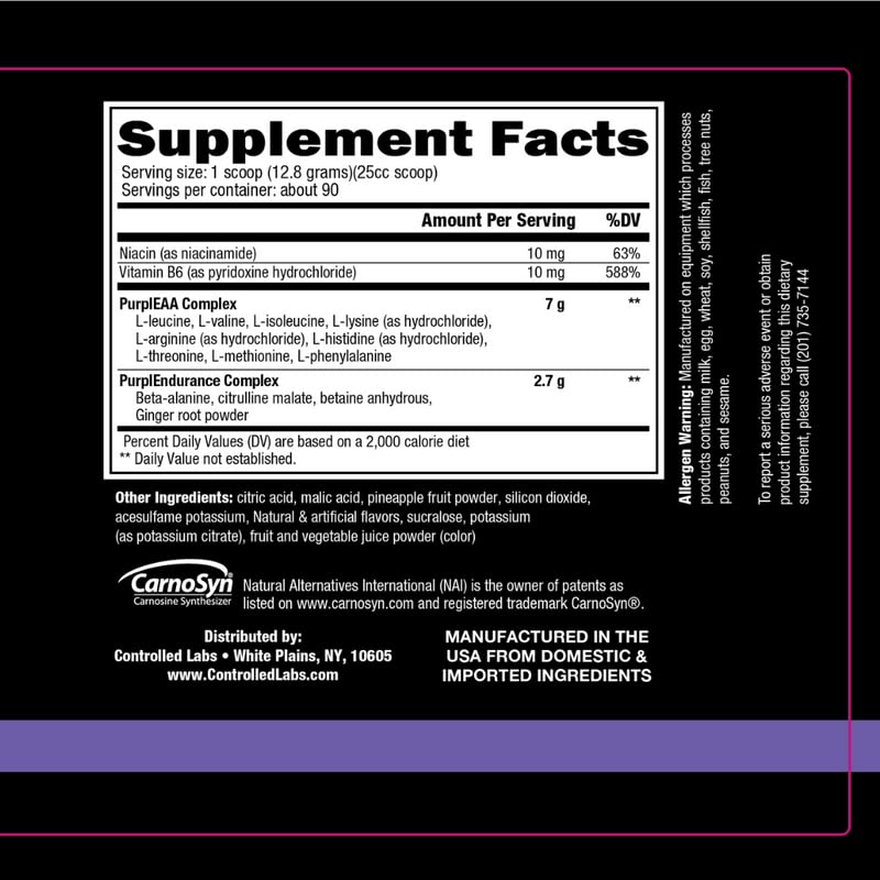 CONTROLLED LABS Purple Wraath, BCAA and EAA Amino Acid Supplement, with Endurance Blend Intra Workout Powder, Optimal Endurance, Focus, and Stamina (Sour Peach, 90 Servings)