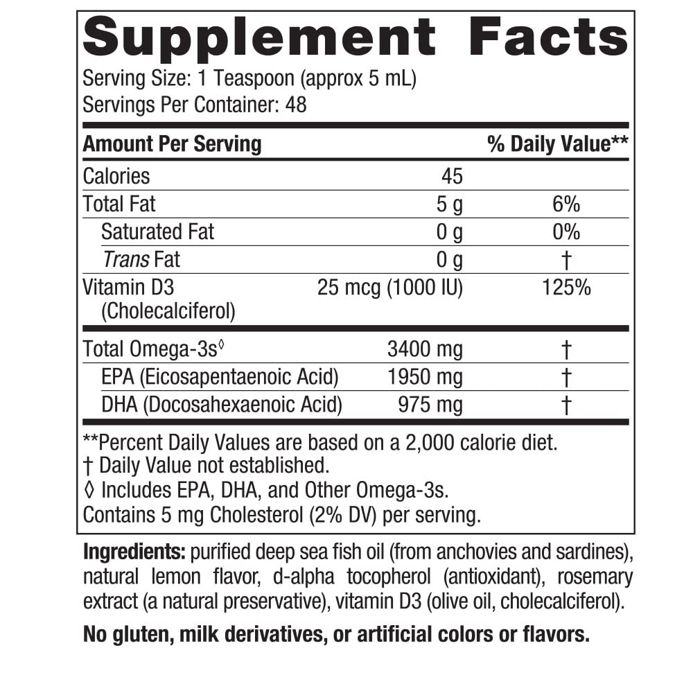 Nordic Naturals Ultimate Omega Xtra Liquid, Lemon Flavor - 8 oz - 3400 mg Omega-3 + 1000 IU Vitamin D3 - EPA & DHA - Brain, Heart, Joint, & Immune Health - Non-GMO - 48 Servings