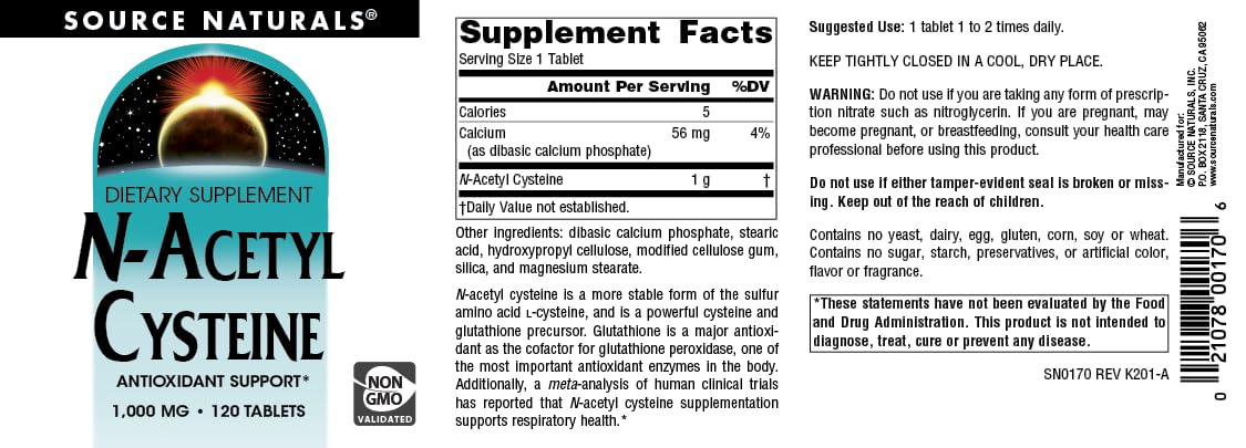 Source Naturals N-Acetyl Cysteine Antioxidant Support, Dietary Supplement That Supports Respiratory Health* - 1000 mg -120 Tablets