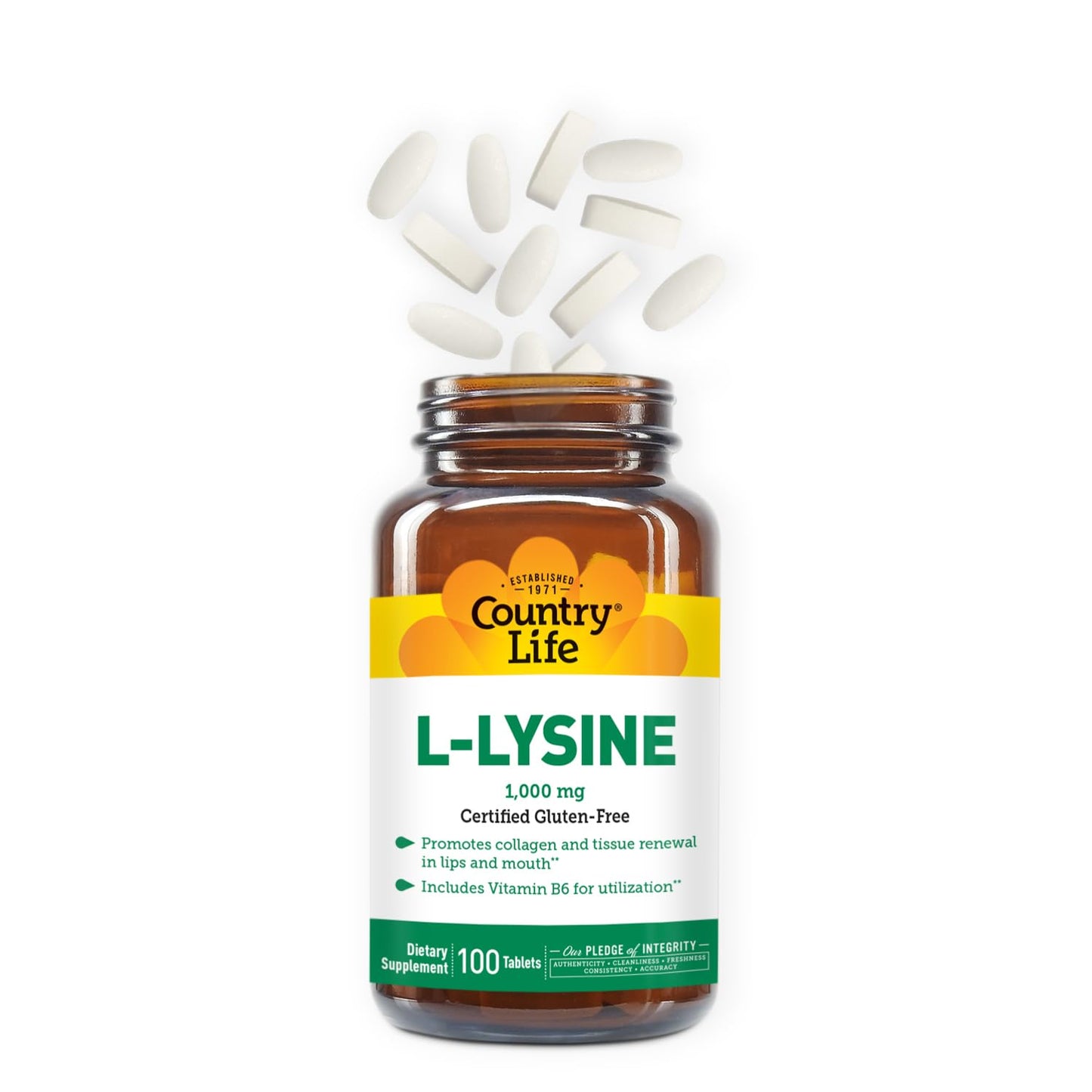 Country Life L-Lysine 1000mg with Vitamin B6-100 Tablets - Promotes Collagen and Tissue Renewal - Aids Utilization - Gluten-Free…