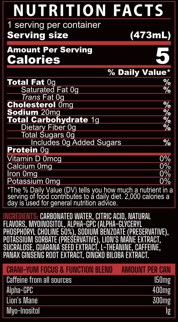 CraniYum Nootropic Energy Drink  12 Pack Variety Pack  Dr Yum  Grapefruit Soda 16oz  Energy  Focus Sugar Free No Artificial Colors Lions Mane Alpha GPC LTheanine Gingko Biloba Ginseng Inositol