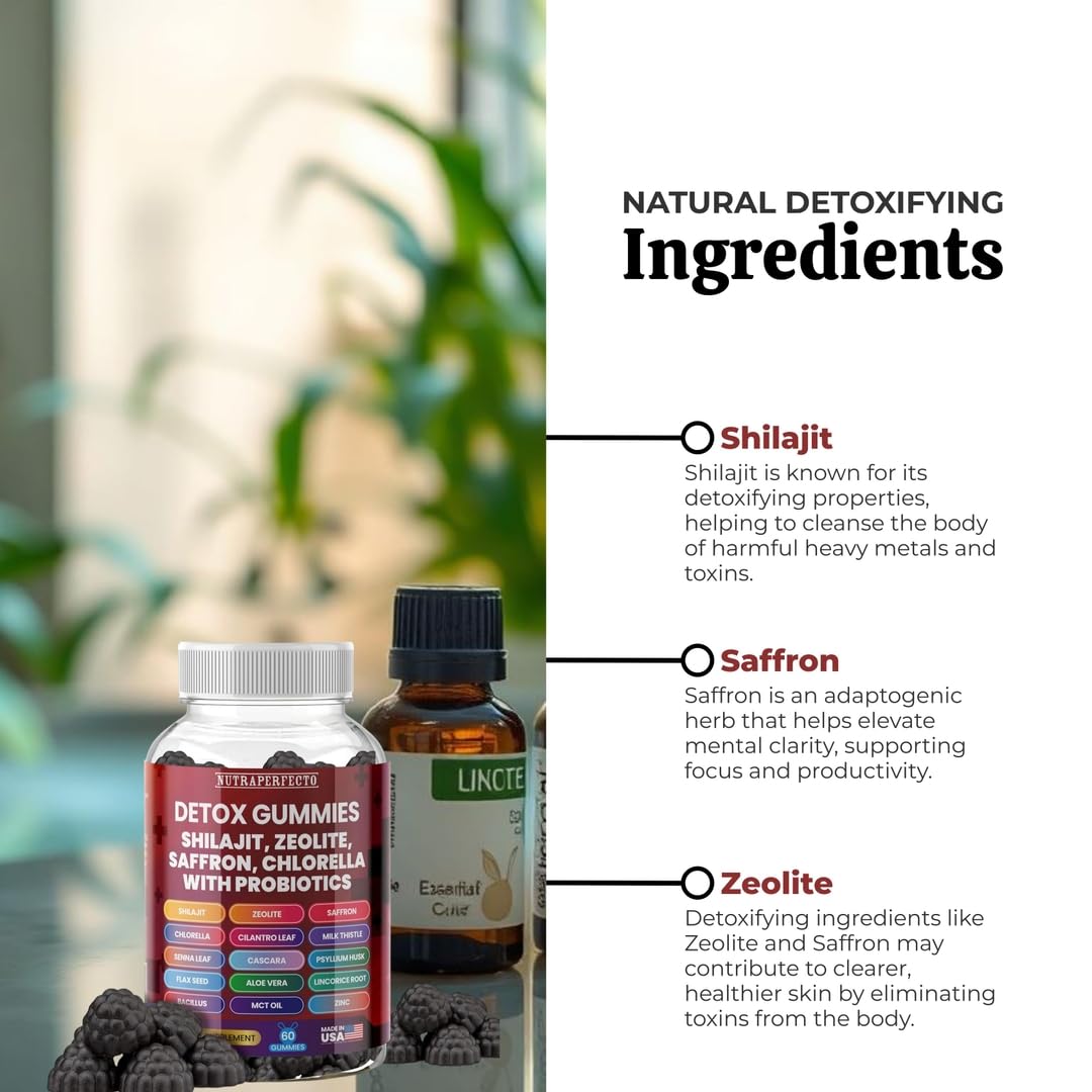Sugar Free Zeolite Detox Gummies Shilajit Saffron Probiotics Chlorella Psyllium Husk Saffron Senna Leaf Magnesium Citrate Zinc Milk Thistle Heavy Metal Kids Adults Energy and Focus
