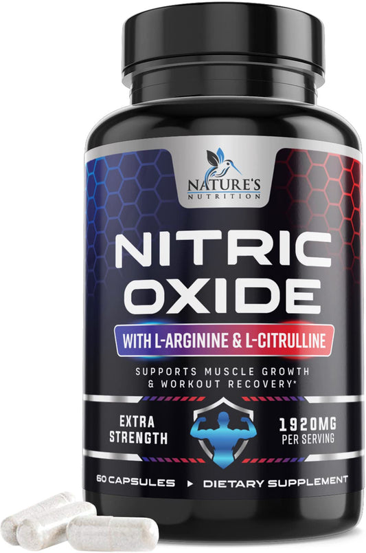 Nitric Oxide Booster Extra Strength - L Arginine 3X Strength Nitric Oxide Support Supplements for Men and Women, Citrulline Muscle, Heart Health, & Energy Support Supplement, Non-GMO - 60 Capsules