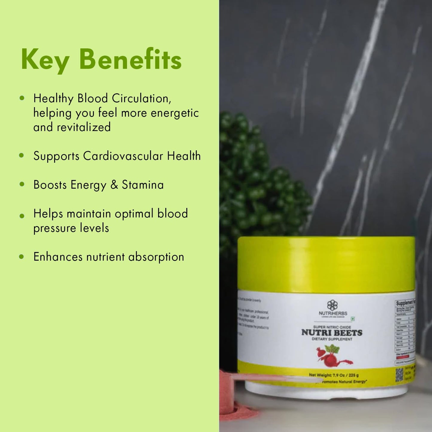 Super Nitric Oxide Nutri Beets - 225g | Organic Beet Root Powder, Pomegranate & Red Spinach for Heart Health, Energy & Blood Pressure Support | Cardiovascular Booster | 30 Servings