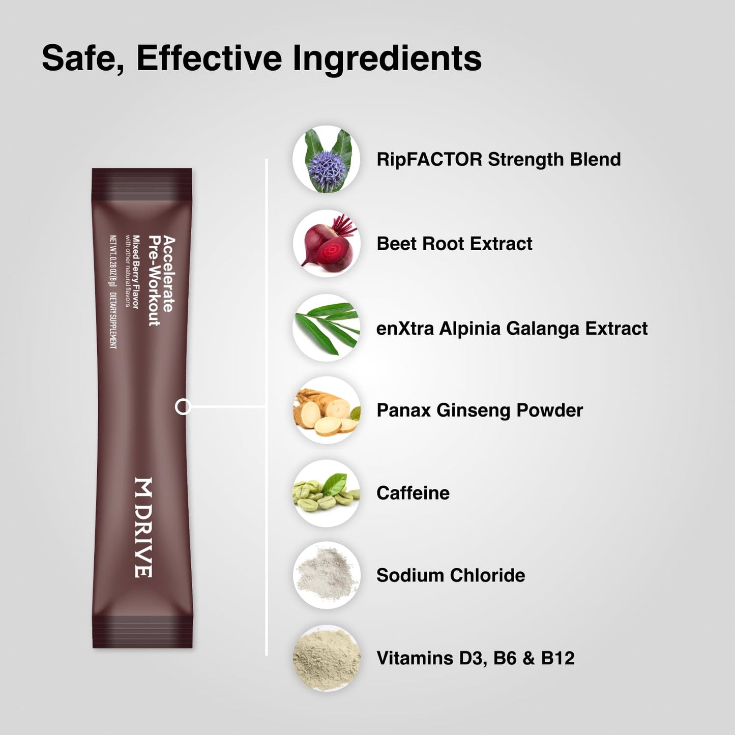 Mdrive Accelerate Pre-Workout Powder, Individual Servings, Mixed Berry, 30 Count