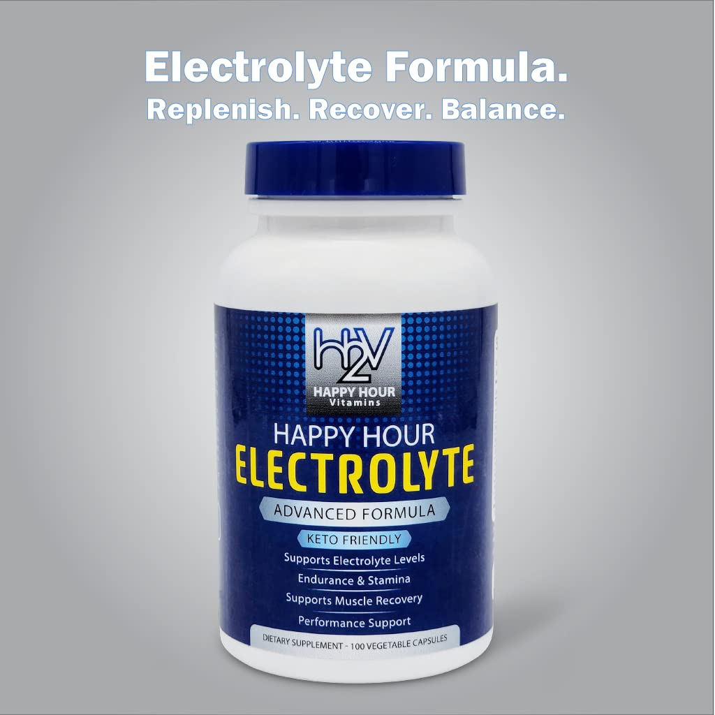 Happy Hour Vitamins Electrolyte Pill- 100 Pills- Dehydration, Muscle cramping, Performance, Keto & Rapid Recovery. Vegetarian Capsules w/Magnesium, Potassium, Sodium & Calcium Hydration Supplement