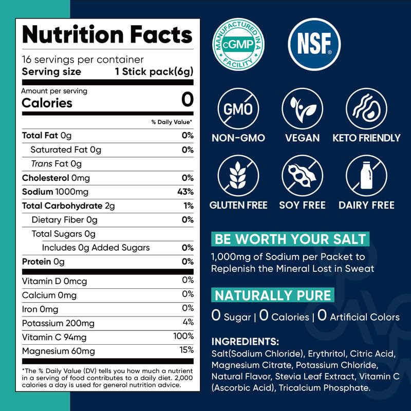 Venture Pal High Sodium Sugar Free Electrolytes Powder Packet - Hydration Packets with Sodium, Potassium & Magneisum | Zero Calories | Vegan | Keto & Paleo Friendly Electrolyte Drink Mix | 16 Stick