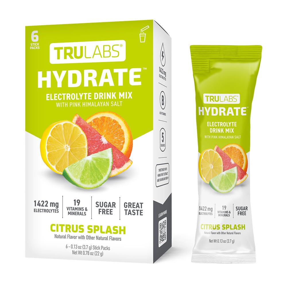 TRULABS Hydrate Citrus Splash 6ct. Sugar Free Electrolytes Hydration Packets. Each Serving Contains 1422 mg of Electrolytes &19 Vitamins & Minerals.