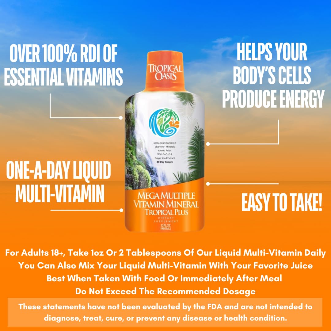 Tropical Oasis Mega Plus - Liquid Multivitamin and Mineral Supplement - Includes 85 Vitamins & Minerals, 20 Amino Acids + CoQ10, Grape Seed Extract & Organic Aloe Vera - 32oz, 32 Servings, 33460