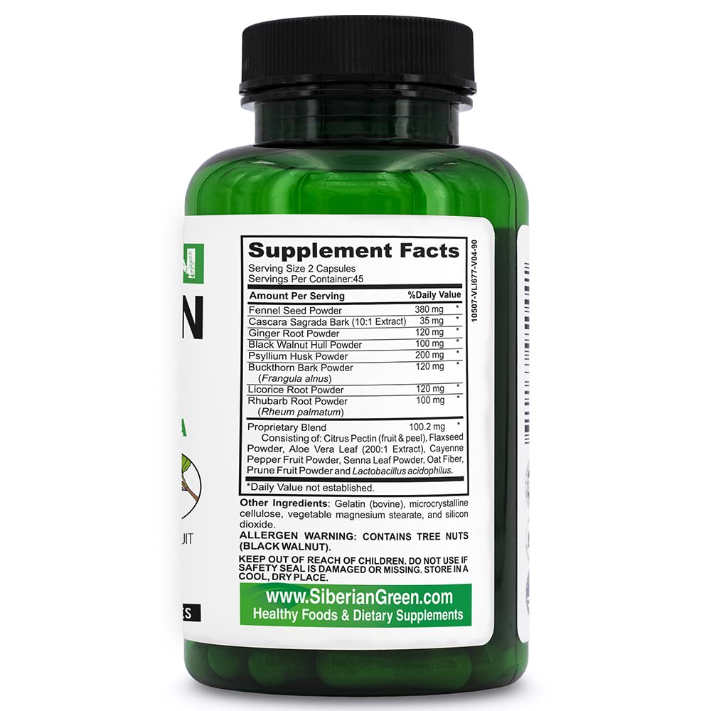 Siberian Green Herbal Colon Detox with Senna Buckthorn Prune Fruit 90 Capsules - Traditional Siberian Formula 14 Herbs & Probiotic to Cleanse Colon and Detox Body