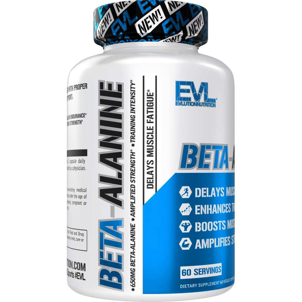 Evlution Nutrition Beta-Alanine Capsules - Enhance Training Intensity - 60 Count Beta-Alanine Supplement for Men & Women - Delay Muscle Fatigue, Boost Endurance, Amplify Strength