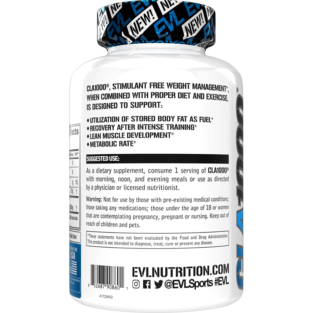 Evlution Conjugated Linoleic Acid CLA Pills - CLA 1000mg Diet Pills to Support Weight Loss Fat Burning Lean Muscle and Faster Metabolism - Stimulant-Free Safflower Based Fat Loss Support - 90