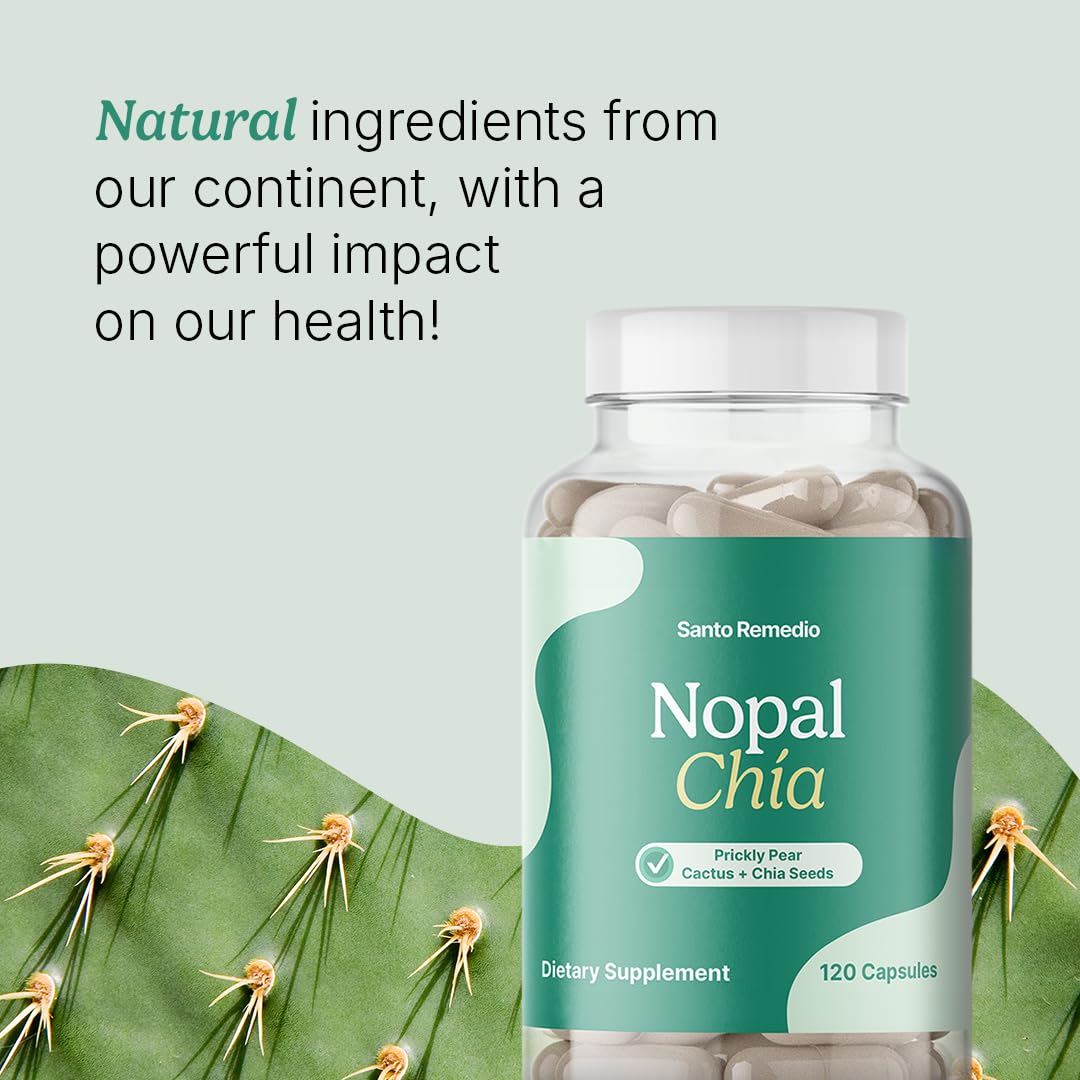 Santo Remedio Nopal Chia, Prickly Pear Cactus and Chia Powder Dietary Supplement, Clinically Proven Ingredients, Gluten Free, Non-GMO, No Added Sugar, 120 Capsules, 60 Servings Per Container