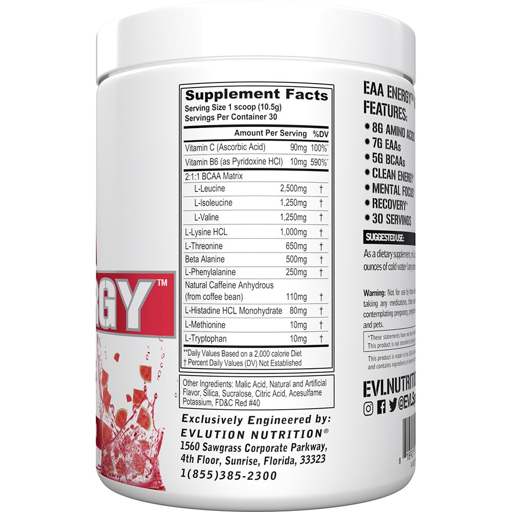 Evlution Nutrition EAA Energy - Pre & Post Workout Powder - Muscle Building & Recovery Supplement - 7g Essential Amino Acids + 5g BCAAs - Clean Energy - With Caffeine - 30 Servings - Watermelon Splash
