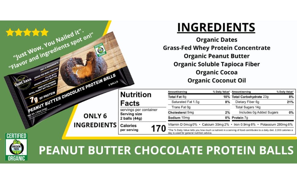 OutClass Nutrition, Peanut Butter Chocolate Filled Protein Balls, Organic, Grass-Fed Whey, 6 Ingredients, 7g of Protein, Gluten-Free, Non-GMO, Low Sodium, Kosher, High Fiber, Snack Balls, 27 Pack