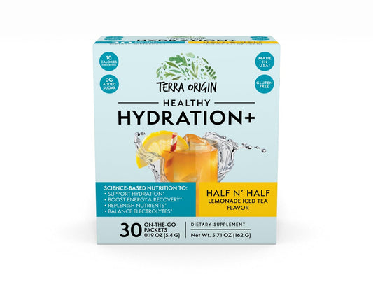 TERRA ORIGIN Healthy Hydration+ Electrolyte Powder Packets | Detox Support Drink Mix | Half N' Half Lemonade Iced Tea | 1 Stickpack per Serving (30 Servings)