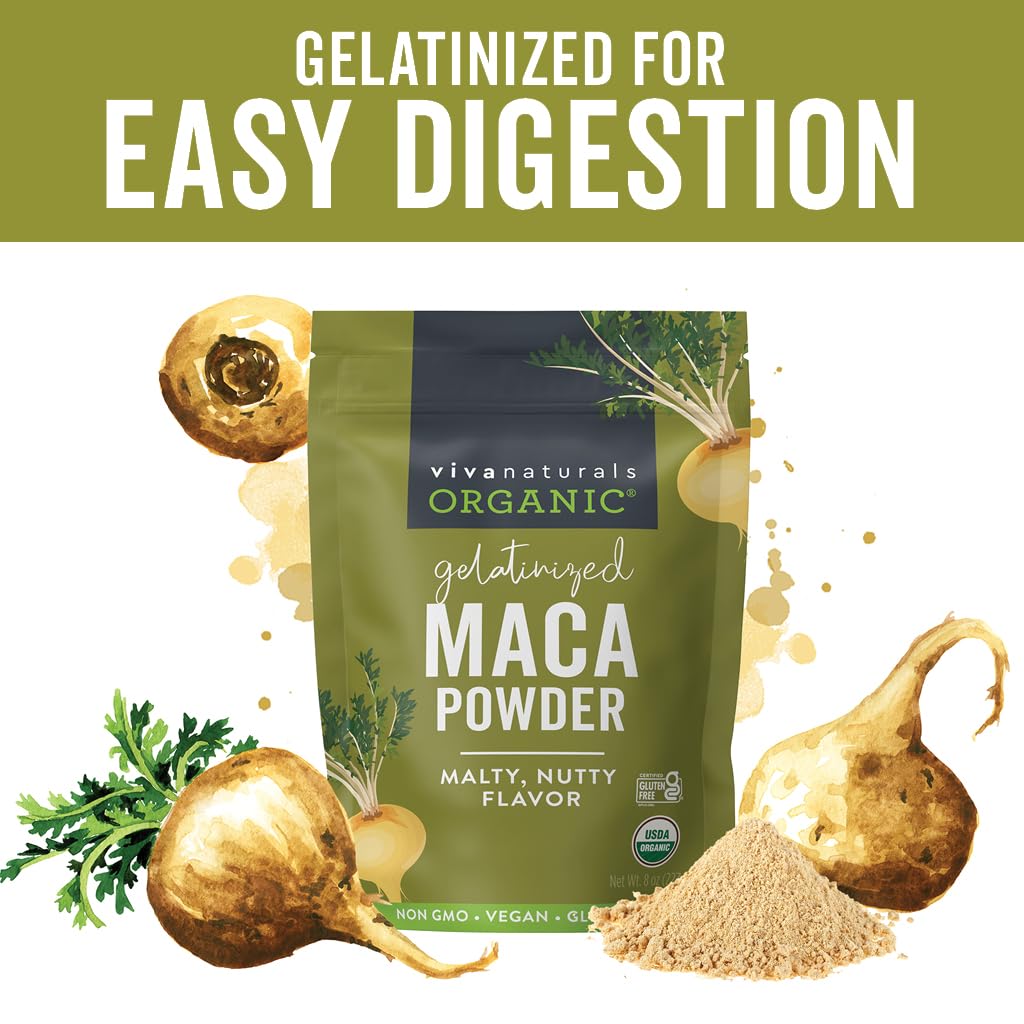 Viva Naturals Organic Maca Powder  Gelatinized Maca Powder Organic Vegan and Kosher Peruvian Superfood  Certified USDA Organic GlutenFree  NonGMO 8 oz Resealable Bag