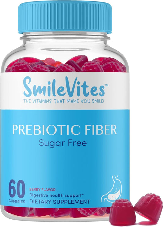 SmileVites Prebiotic Fiber Gummies for Digestive Health | Supports Gut Bacteria & Digestive Regularity | Vegan, Keto, Kosher | Gluten-Free, Non-GMO, Plant-Based | Natural Berry Flavor | 60 Count