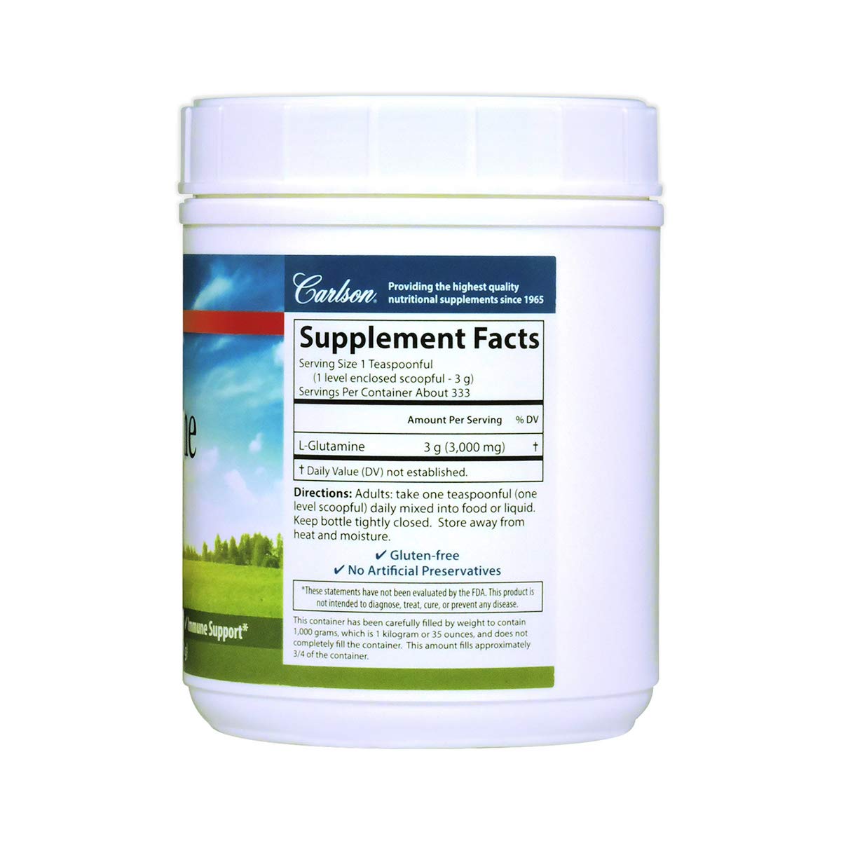 Carlson - L-Glutamine Powder, Free-Form Amino Acid, 3 g, Muscle Tissue Production & Function, Immune Support, 35 oz (1000 g)