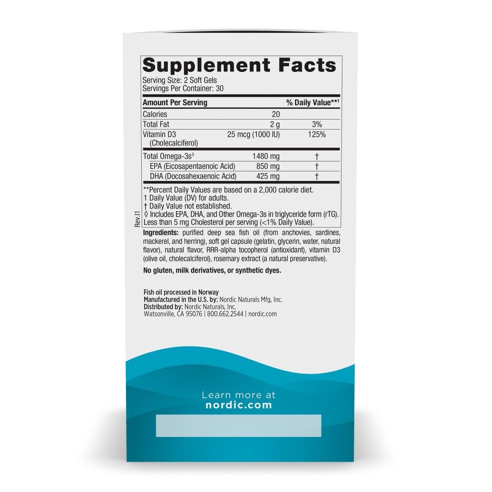 Nordic Naturals Ultimate Omega Xtra, Lemon Flavor - 60 Soft Gels - 1480 mg Omega-3 + 1000 IU Vitamin D3 - Omega-3 Fish Oil - EPA & DHA - Brain, Heart, Joint, & Immune Health - 30 Servings
