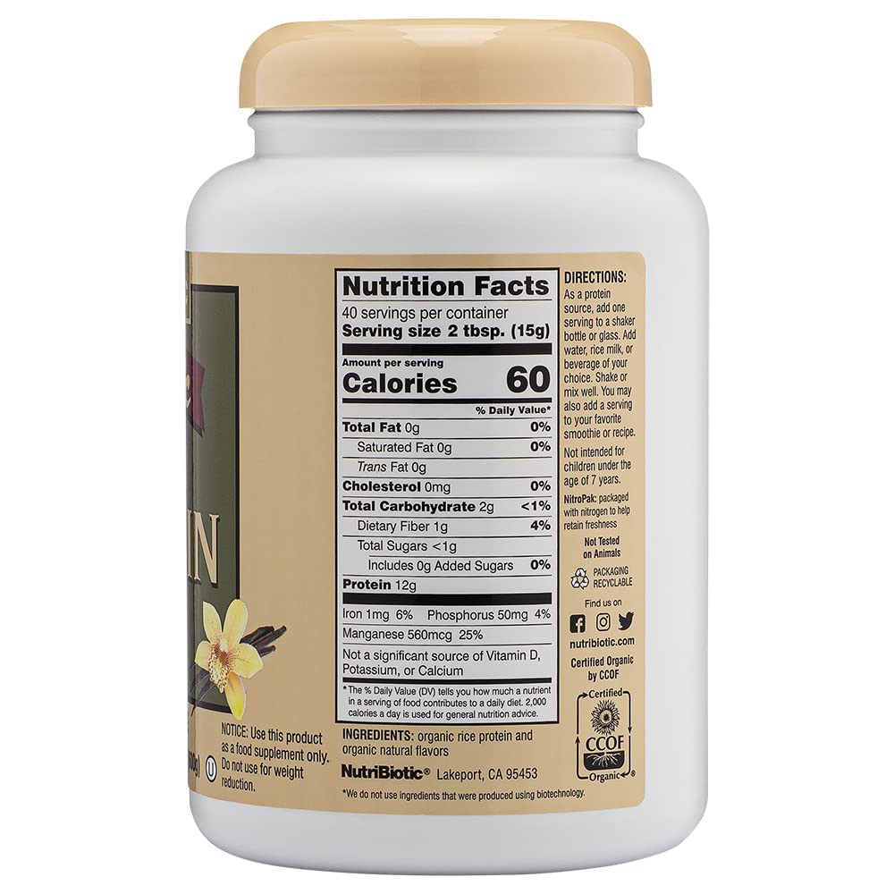 NutriBiotic Certified Organic Rice Protein Vanilla, 1 Lb. 5 Oz | Low Carbohydrate Vegan Protein Powder | Raw, Certified Kosher & Keto Friendly | Made Without Chemicals, GMOs & Gluten | Easy to Digest