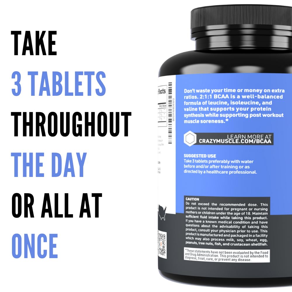 Crazy Muscle 3000mg BCAA Pills (2 Month Supply) with The Optimum 2:1:1 Ratio of Branched Chain Amino Acids for Recovery and Growth - 1000mg BCAAs per Pill (More Than BCAA Capsules) - 240 Tablets